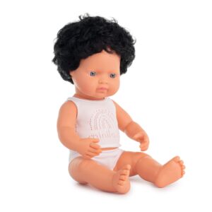 Baby doll caucasian curly black hair boy 38cm 