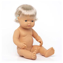 Muñeca bebé caucásica con implante coclear 38 cm
