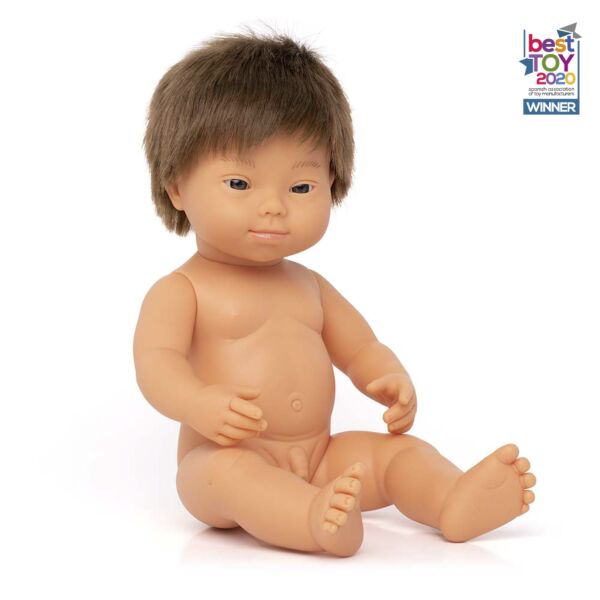 Muñeco caucásico castaño Síndr. Down 38 cm