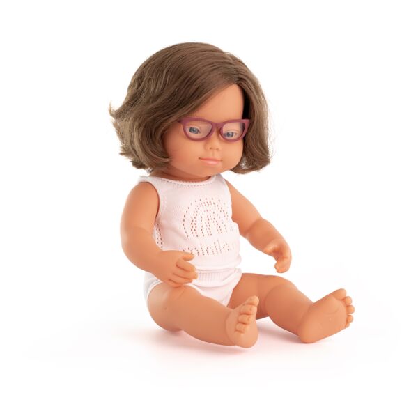 Muñeca caucásica Sínd. Down gafas 38 cm (ropa int)