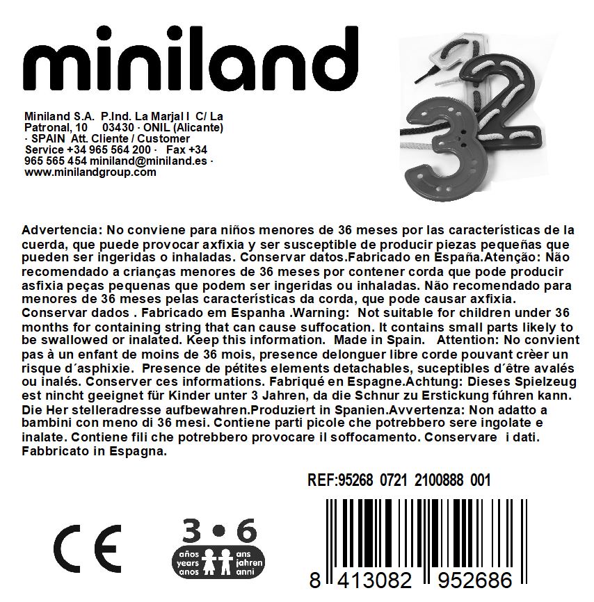 Miniland Set Números Para Coser 40 Pcs: Aprende La Grafía De Números Jugando - Plantillas Flexibles Con Cordones (Material Educativo)