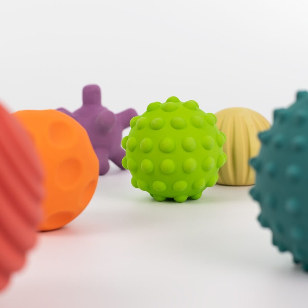 Babies Birth to Toddlers Age 4 Easy Grip Play Miniland 6 Sensory Balls Motor Skill Development Textured Colors Multi-Sensory Stimulation Soft Teething Toys Natural Rubber Latex
