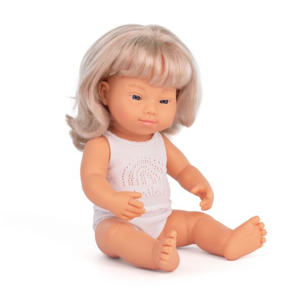 Muñeca caucásica rubia con Síndrome de Down 38 cm