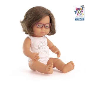 Muñeca bebé caucásica Sindrome Down con gafas 38cm