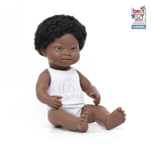 Muñeco bebé africano con Síndrome de Down 38 cm